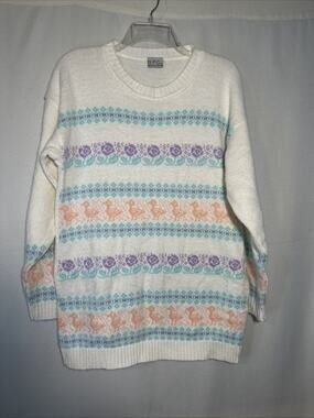 Vintage Women’s Large GFC Sweater Pastel Ducks & Flowers Novelty Grandma Easter